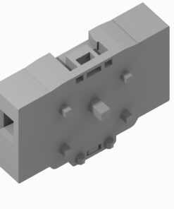 Isometric gray plastic modular connector block with small studs on the front and a square opening on the left end, resembling a LEGO-style brick