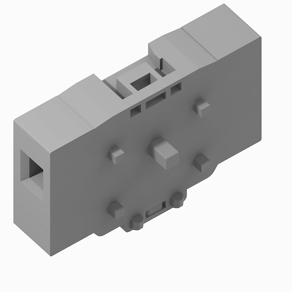 Isometric gray plastic modular connector block with small studs on the front and a square opening on the left end, resembling a LEGO-style brick