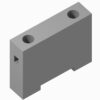 Isometric view of a gray rectangular block with two circular holes on the top face and a square cutout on the side, plus a bottom notch area.