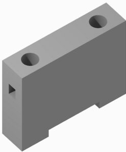 Isometric view of a gray rectangular block with two circular holes on the top face and a square cutout on the side, plus a bottom notch area.