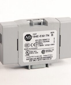 Gray motor-disconnect electrical module with labeled specs (AB logo, model 194E-E32-TN) used for industrial wiring.