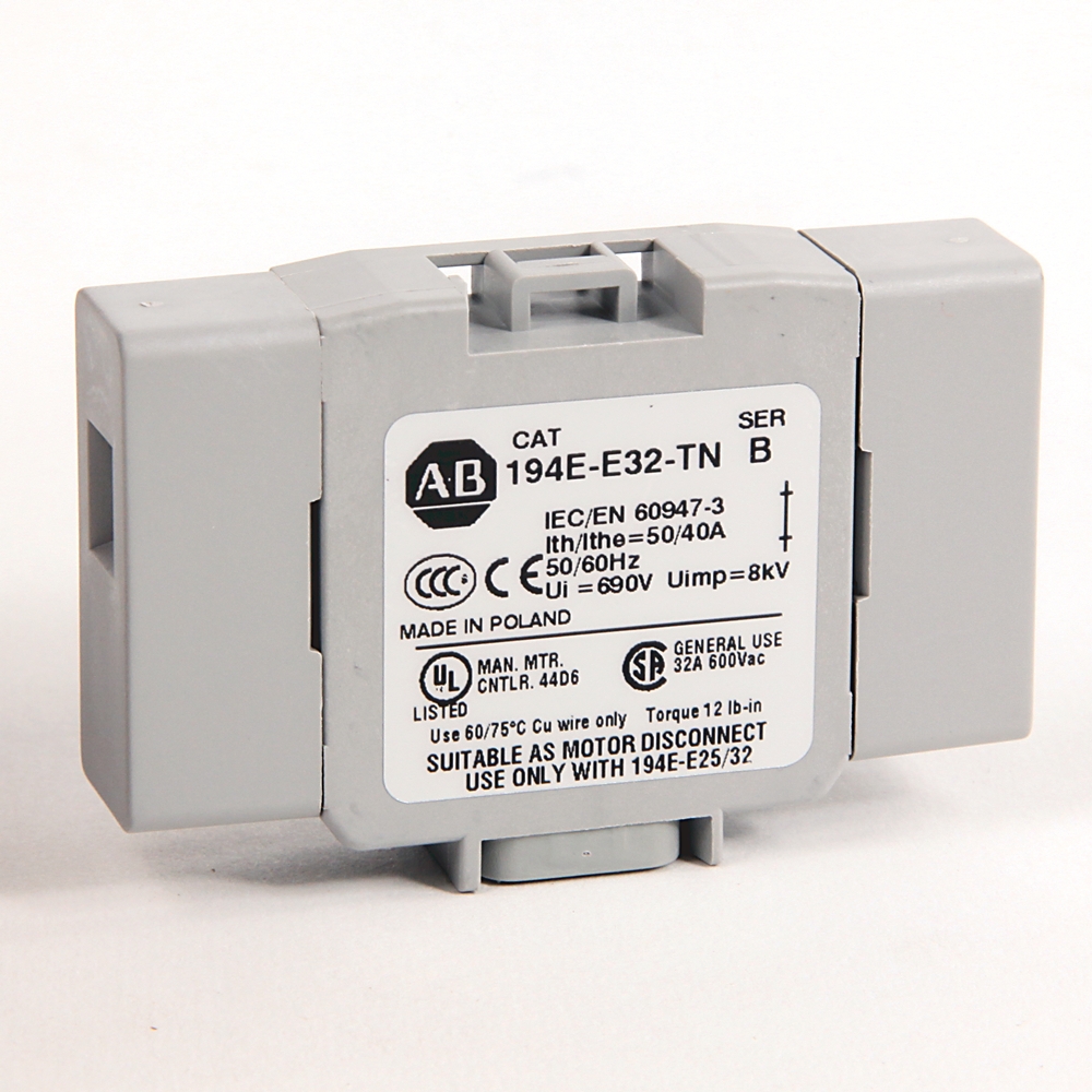 Gray motor-disconnect electrical module with labeled specs (AB logo, model 194E-E32-TN) used for industrial wiring.