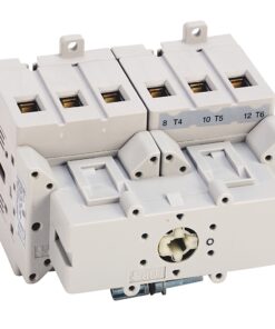Six-pole modular circuit breaker block for an electrical panel, white plastic housing with six switch positions and terminal openings