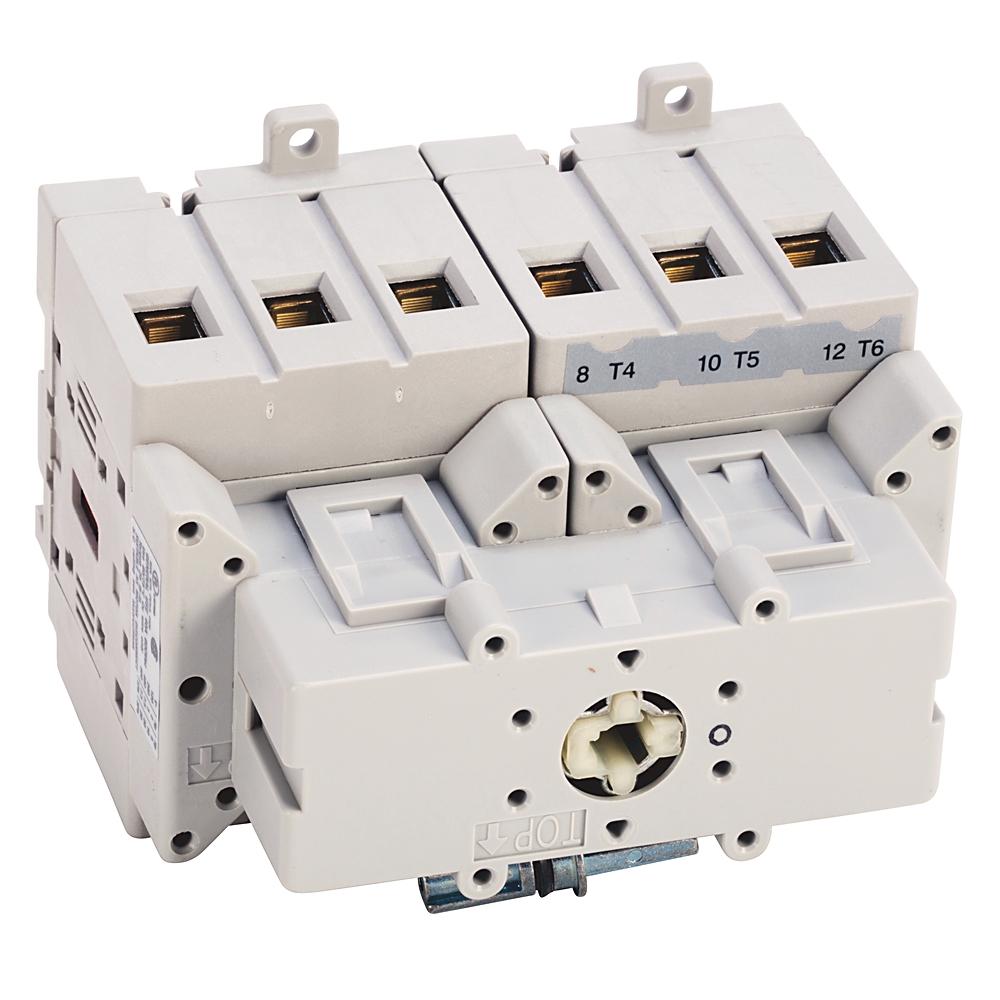 Six-pole modular circuit breaker block for an electrical panel, white plastic housing with six switch positions and terminal openings