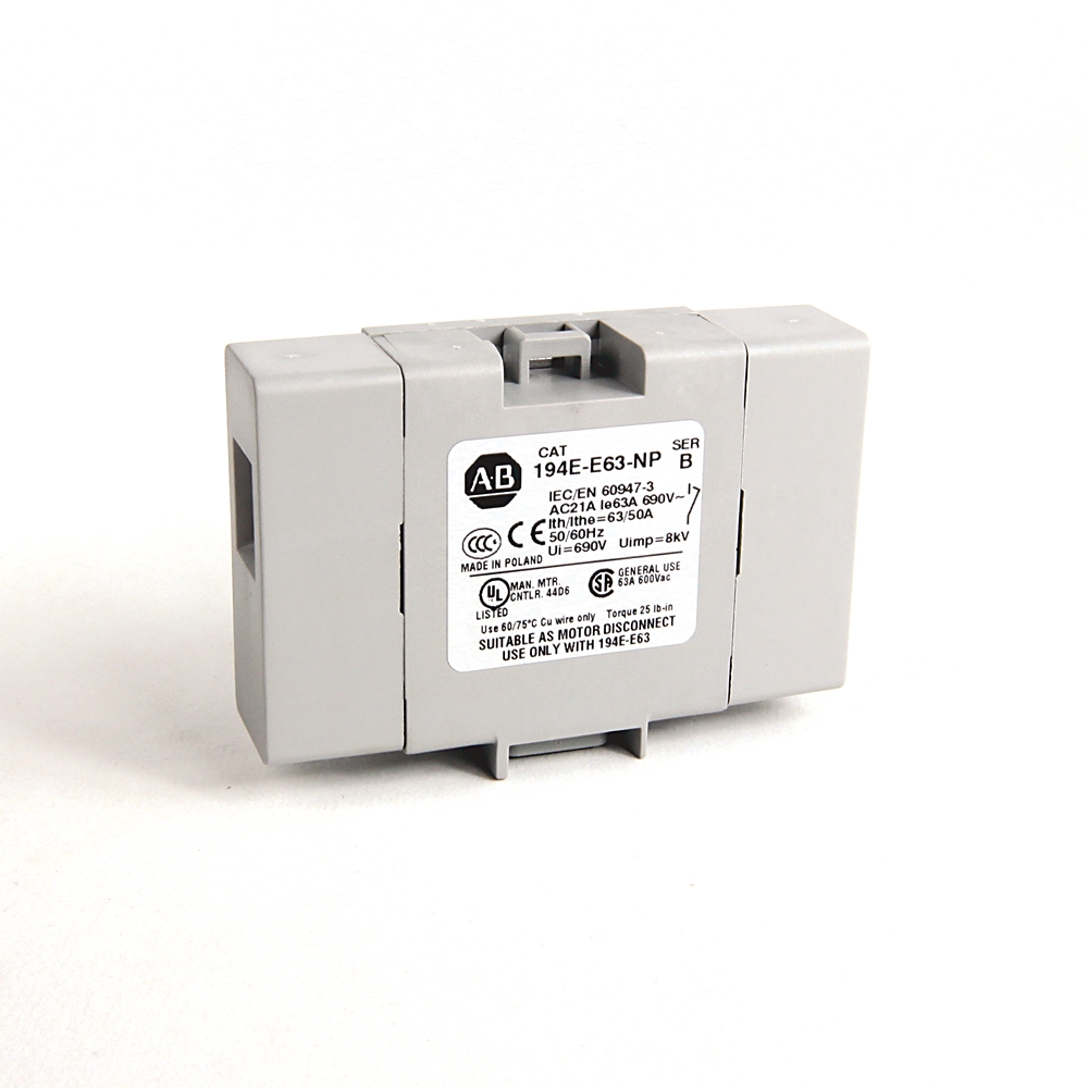 Grey modular electrical relay/contactor with model label 194E-E63-NP, resting on a white background; used in control panels.