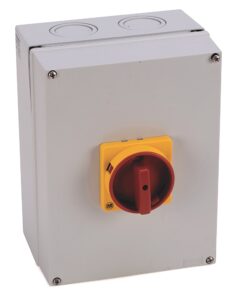 Выключатель нагрузки IEC, IP65 (термопластичный) - основание / DIN-рейка, ВЫКЛ.-ВКЛ. 90 °, 63A, 3 полюса, поставляется с красно-желтым приводом типа N